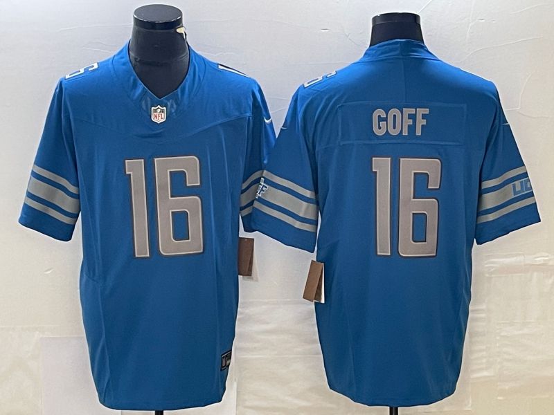 Men Detroit Lions 16 Goff Blue 2023 Nike Vapor Limited NFL Jersey style 1